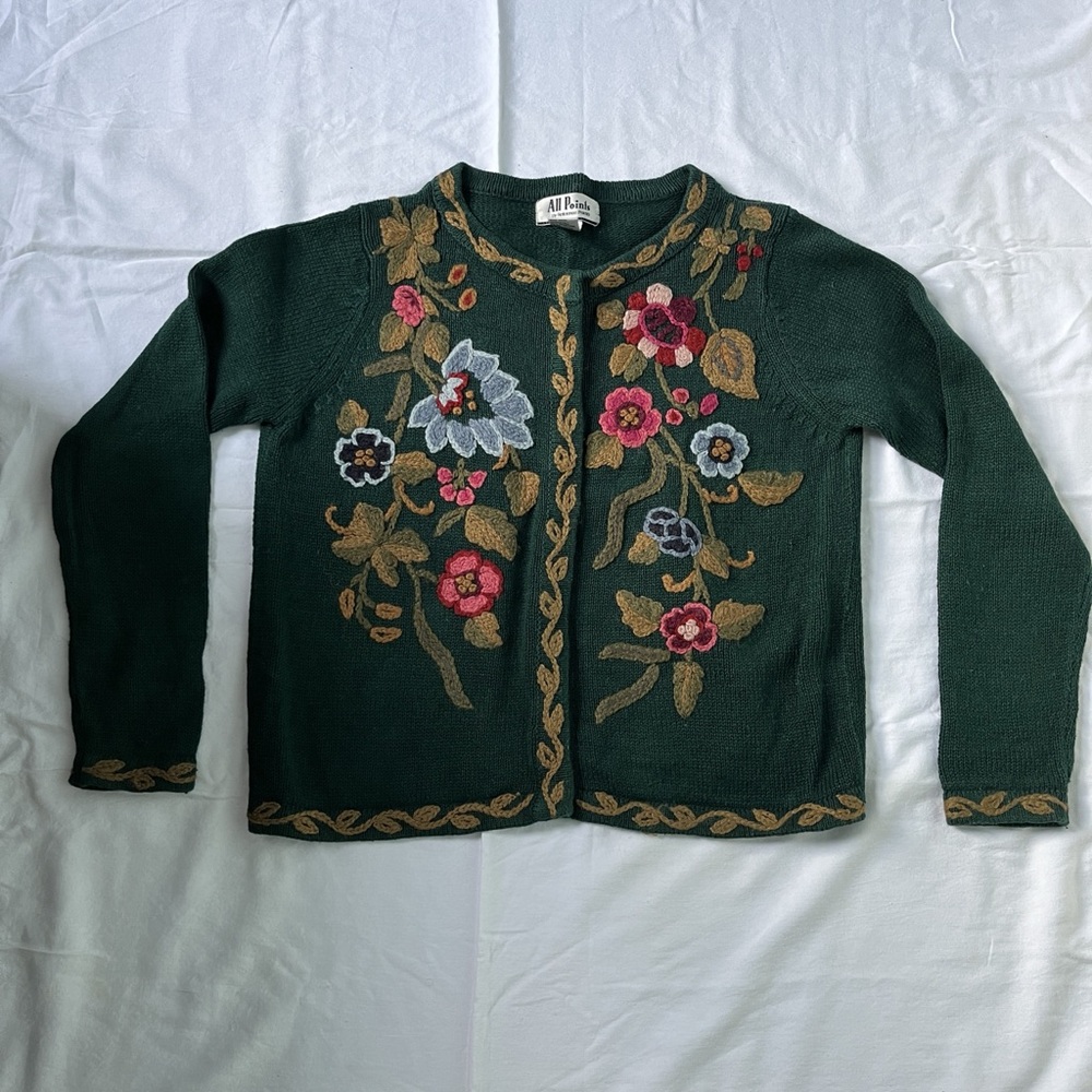 Floral Embroidered Green Cardigan